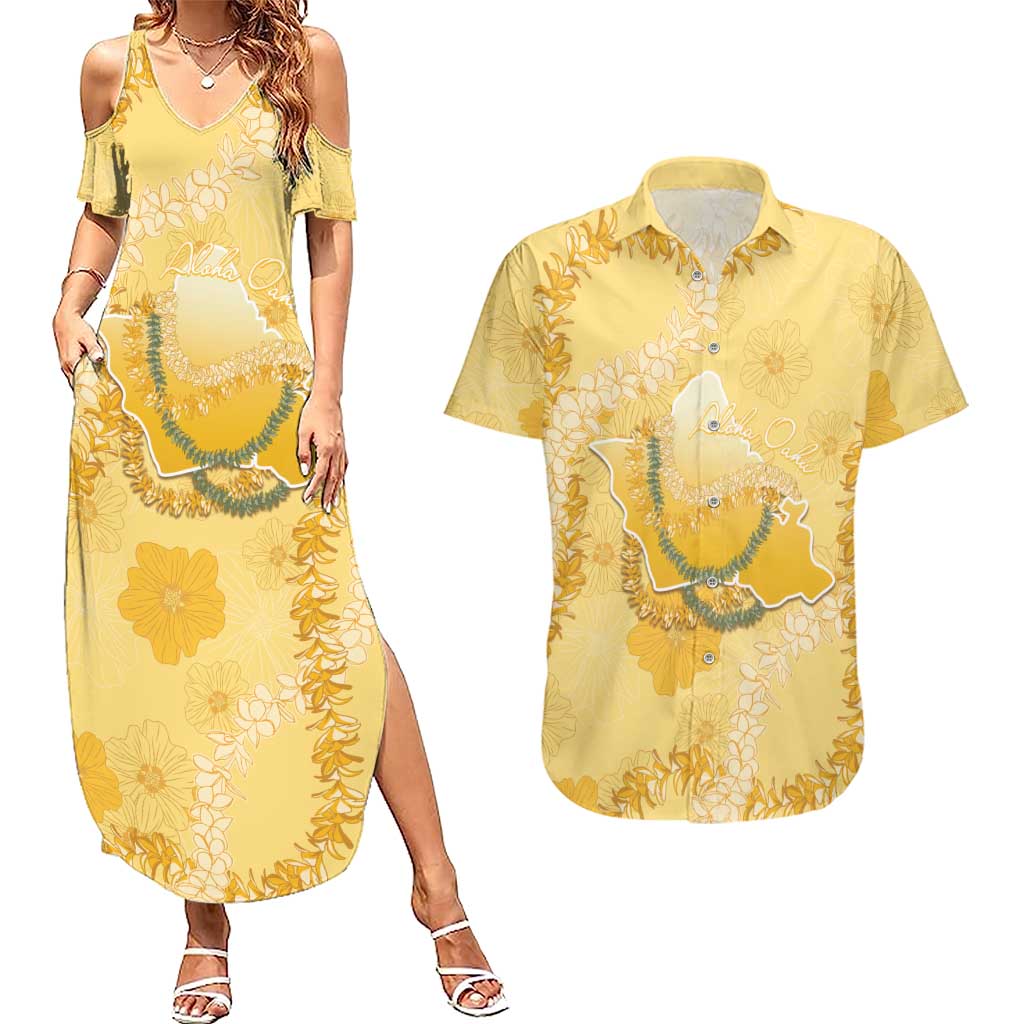 Hawaii Oahu Island Flowers Lei Couples Matching Summer Maxi Dress and Hawaiian Shirt Yellow Ilima Mix Plumeria LT7 Yellow - Polynesian Pride