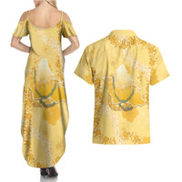 Hawaii Oahu Island Flowers Lei Couples Matching Summer Maxi Dress and Hawaiian Shirt Yellow Ilima Mix Plumeria LT7 - Polynesian Pride