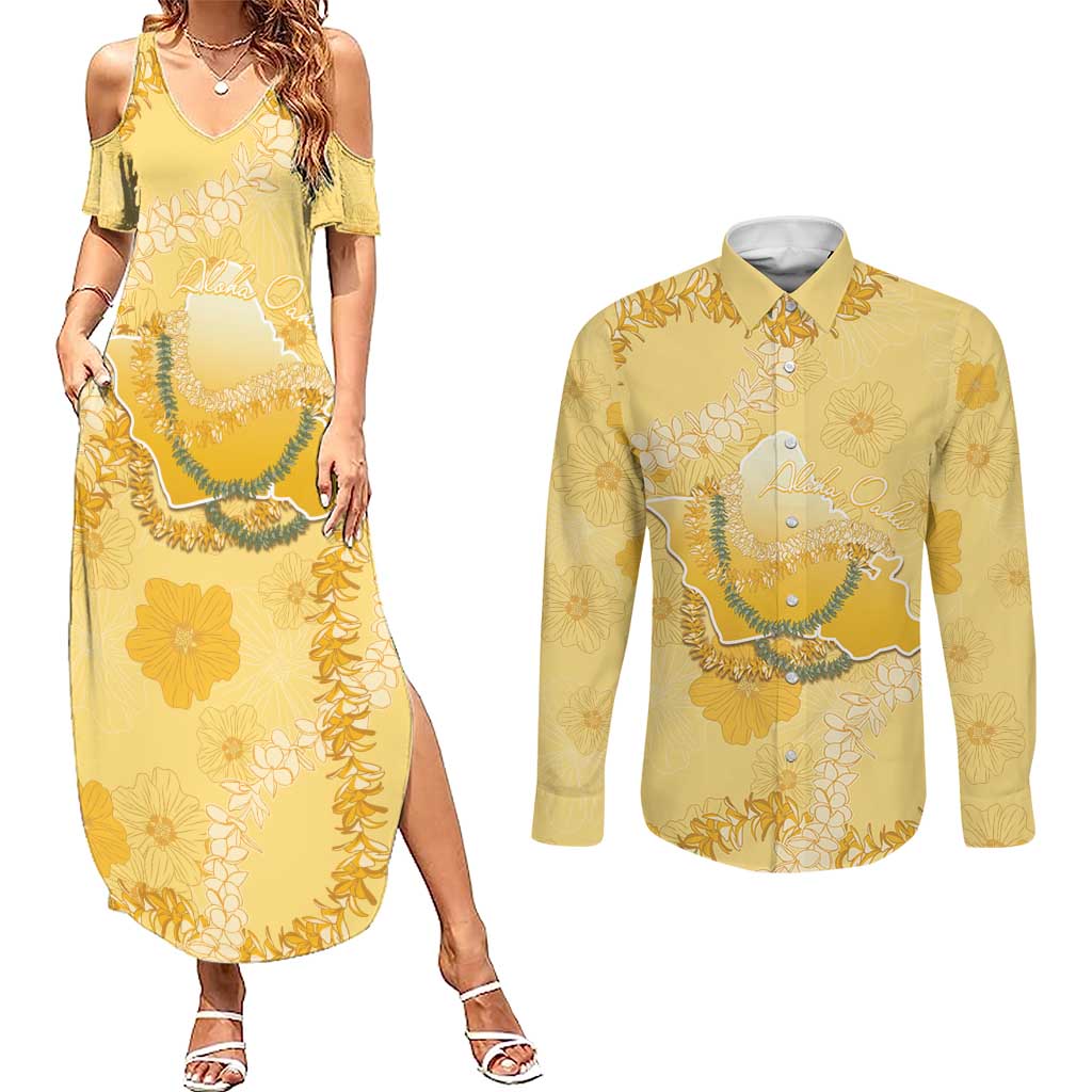 Hawaii Oahu Island Flowers Lei Couples Matching Summer Maxi Dress and Long Sleeve Button Shirt Yellow Ilima Mix Plumeria