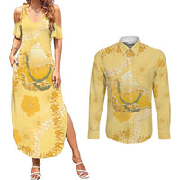 Hawaii Oahu Island Flowers Lei Couples Matching Summer Maxi Dress and Long Sleeve Button Shirt Yellow Ilima Mix Plumeria