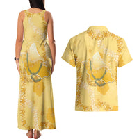 Hawaii Oahu Island Flowers Lei Couples Matching Tank Maxi Dress and Hawaiian Shirt Yellow Ilima Mix Plumeria