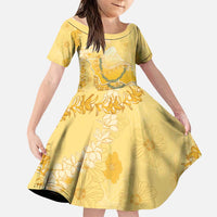 Hawaii Oahu Island Flowers Lei Family Matching Long Sleeve Bodycon Dress and Hawaiian Shirt Yellow Ilima Mix Plumeria LT7 Daughter's Dress Yellow - Polynesian Pride