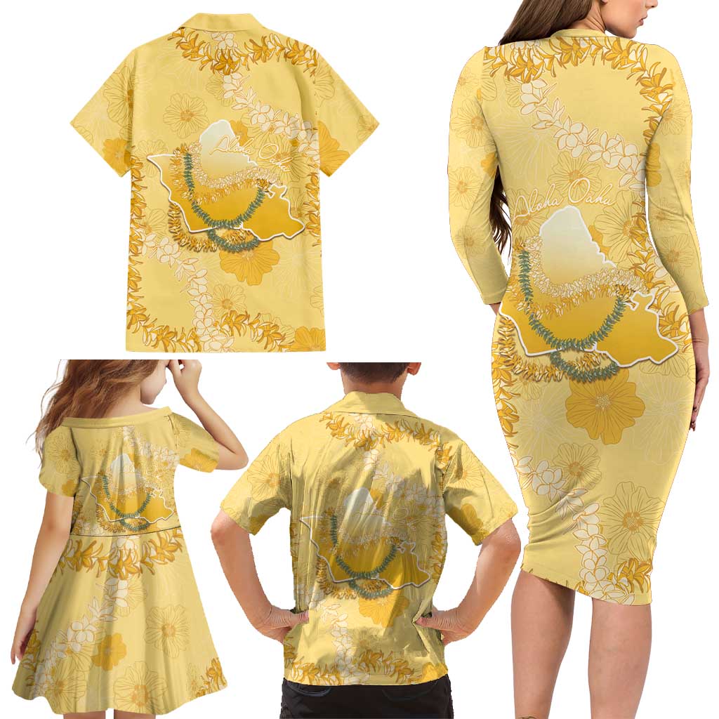 Hawaii Oahu Island Flowers Lei Family Matching Long Sleeve Bodycon Dress and Hawaiian Shirt Yellow Ilima Mix Plumeria LT7 - Polynesian Pride