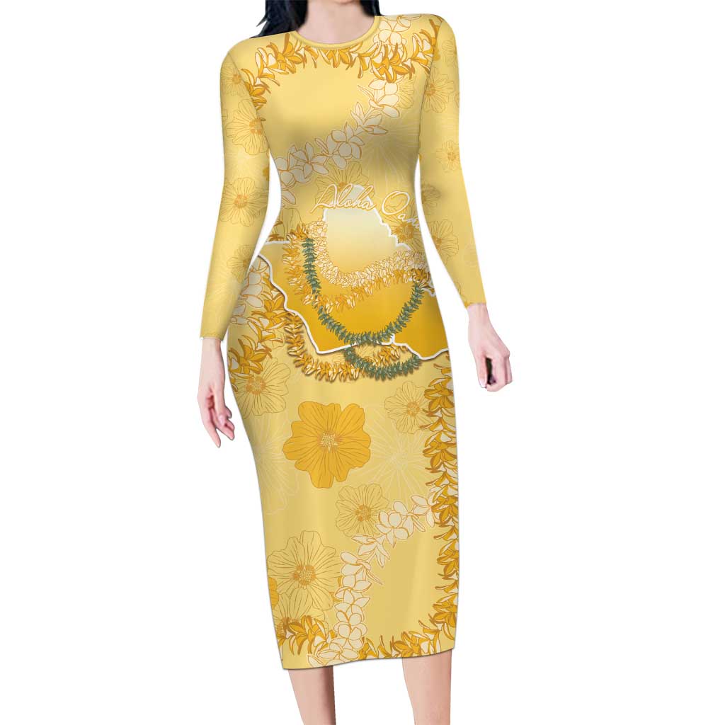 Hawaii Oahu Island Flowers Lei Family Matching Long Sleeve Bodycon Dress and Hawaiian Shirt Yellow Ilima Mix Plumeria LT7 Mom's Dress Yellow - Polynesian Pride