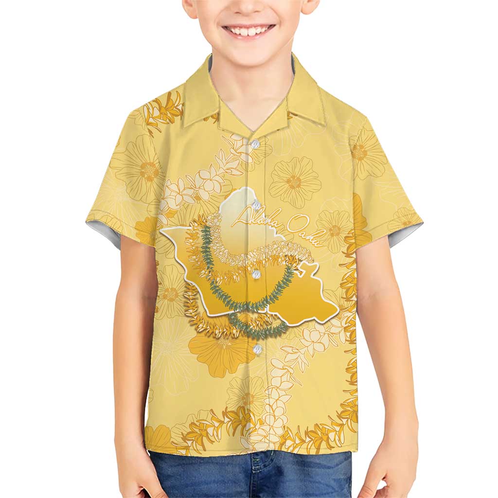 Hawaii Oahu Island Flowers Lei Family Matching Long Sleeve Bodycon Dress and Hawaiian Shirt Yellow Ilima Mix Plumeria LT7 Son's Shirt Yellow - Polynesian Pride