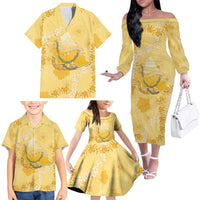 Hawaii Oahu Island Flowers Lei Family Matching Off The Shoulder Long Sleeve Dress and Hawaiian Shirt Yellow Ilima Mix Plumeria