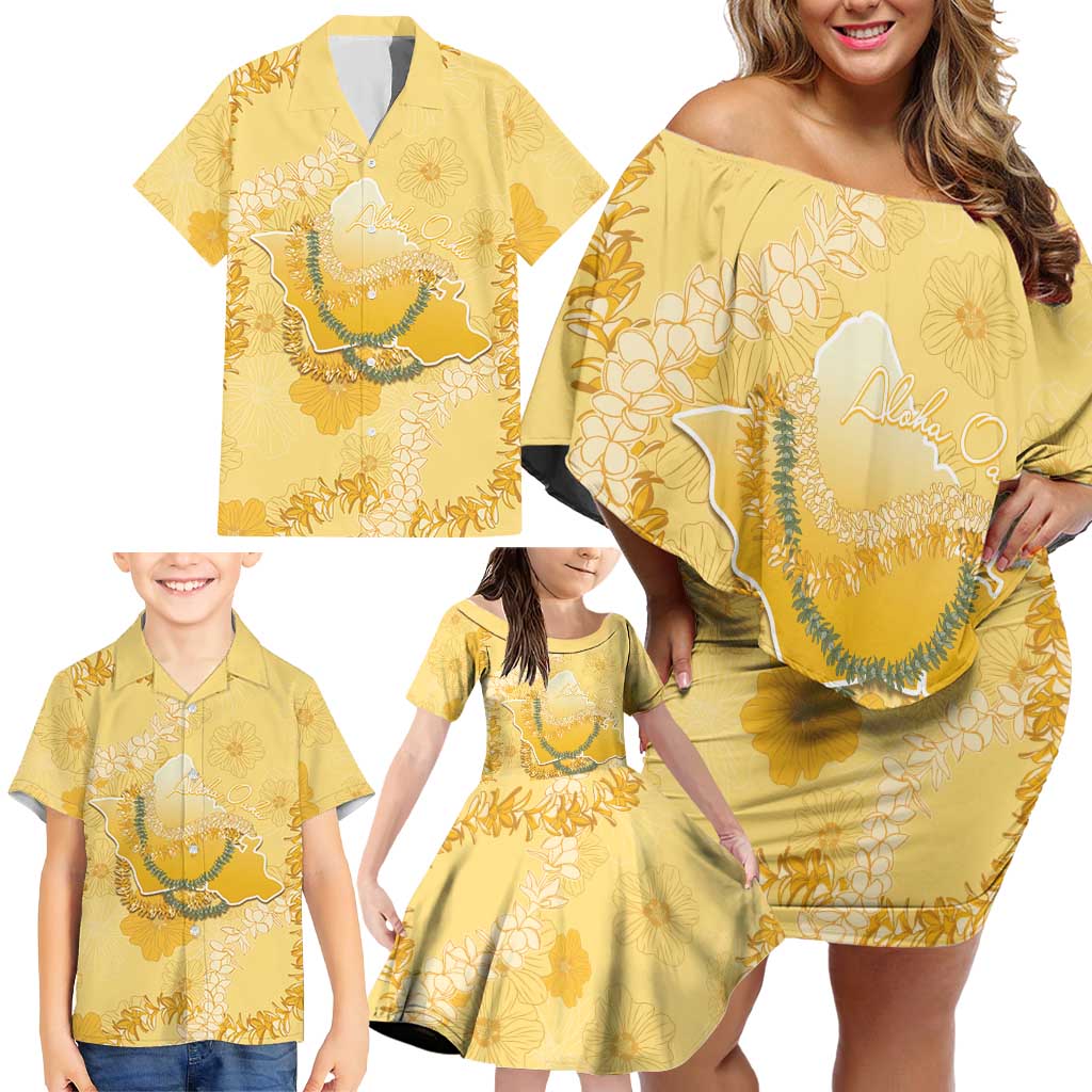 Hawaii Oahu Island Flowers Lei Family Matching Off Shoulder Short Dress and Hawaiian Shirt Yellow Ilima Mix Plumeria