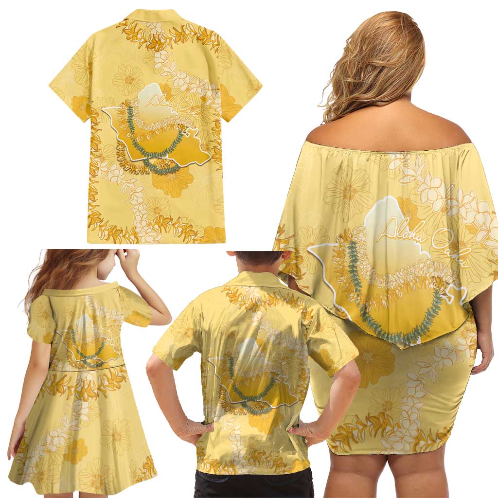 Hawaii Oahu Island Flowers Lei Family Matching Off Shoulder Short Dress and Hawaiian Shirt Yellow Ilima Mix Plumeria