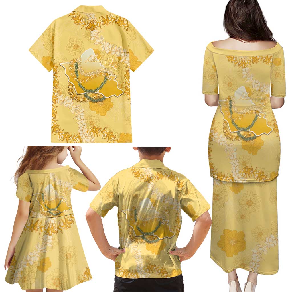 Hawaii Oahu Island Flowers Lei Family Matching Puletasi and Hawaiian Shirt Yellow Ilima Mix Plumeria