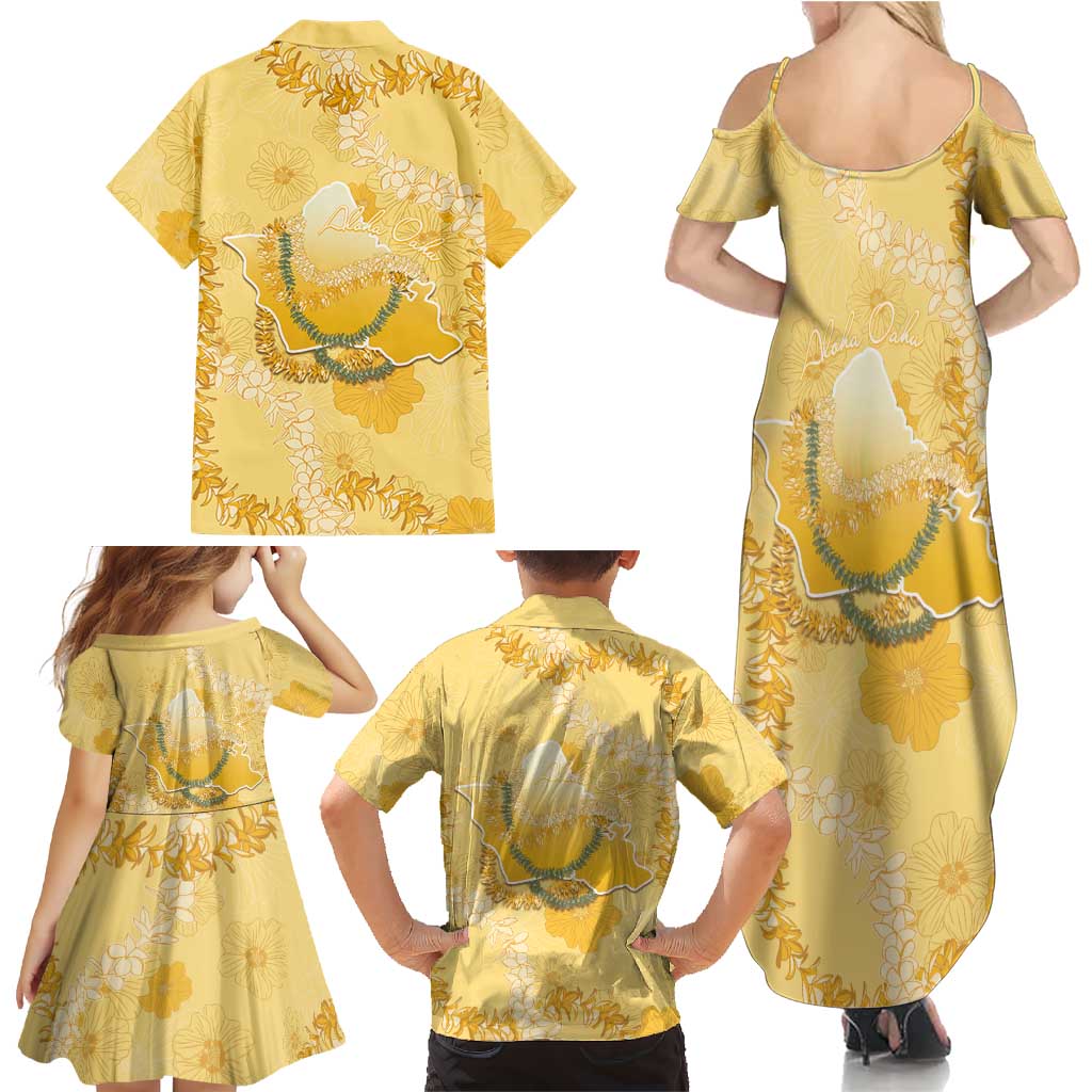 Hawaii Oahu Island Flowers Lei Family Matching Summer Maxi Dress and Hawaiian Shirt Yellow Ilima Mix Plumeria