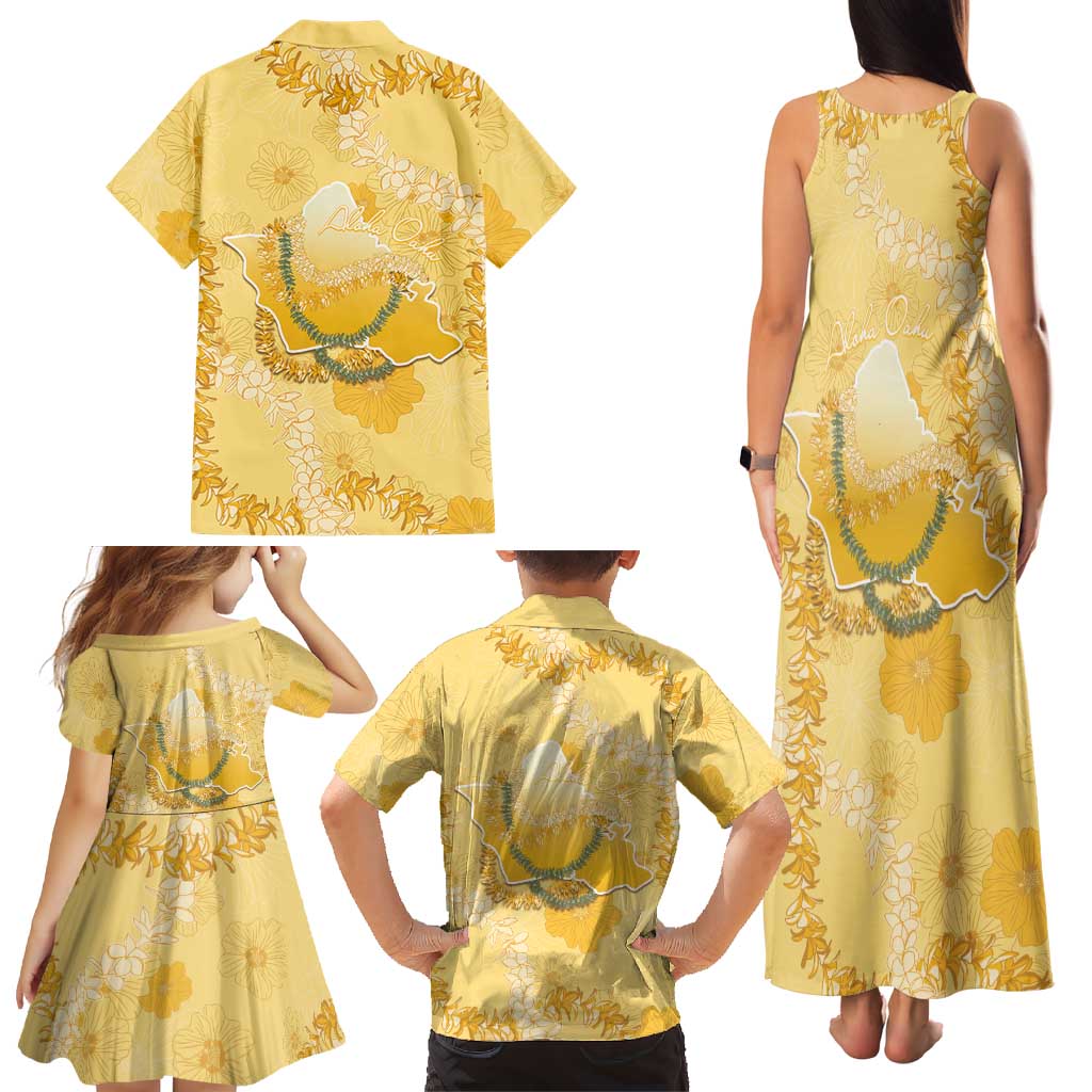 Hawaii Oahu Island Flowers Lei Family Matching Tank Maxi Dress and Hawaiian Shirt Yellow Ilima Mix Plumeria