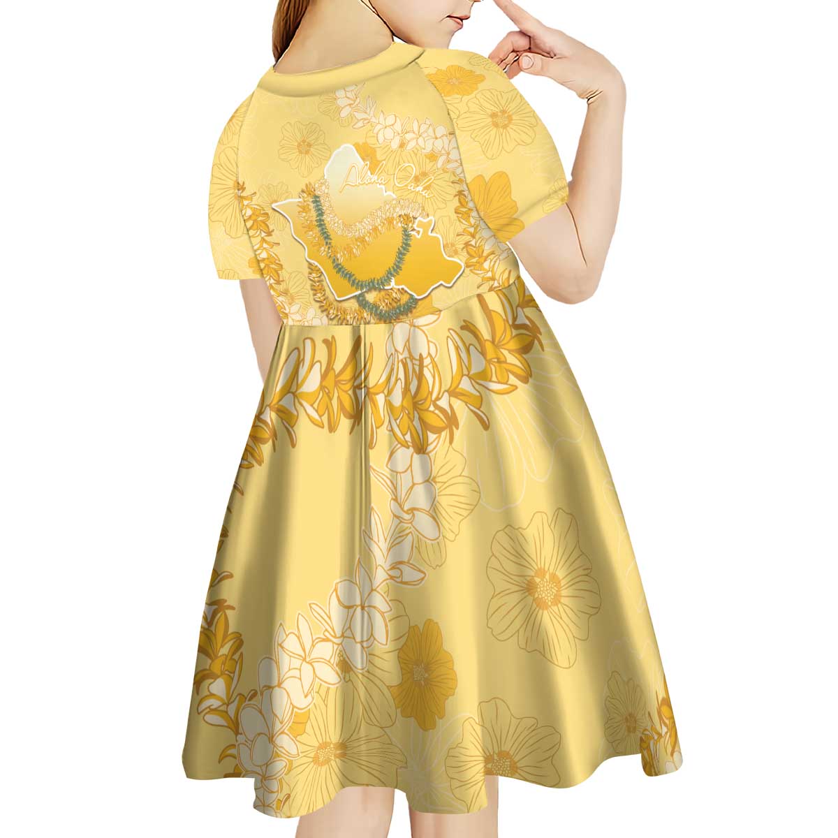 Hawaii Oahu Island Flowers Lei Kid Short Sleeve Dress Yellow Ilima Mix Plumeria
