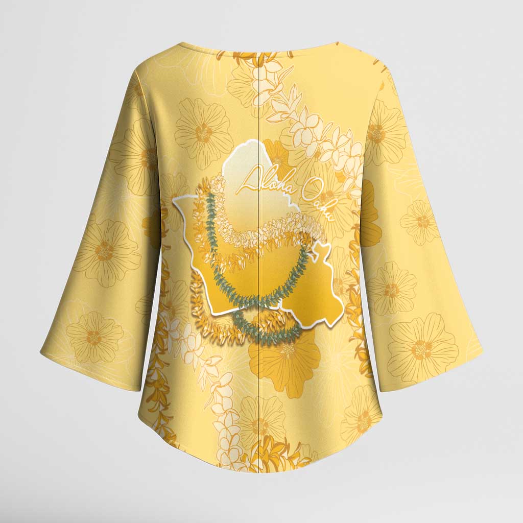 Hawaii Oahu Island Flowers Lei Kimono Sleeve Blouse Yellow Ilima Mix Plumeria