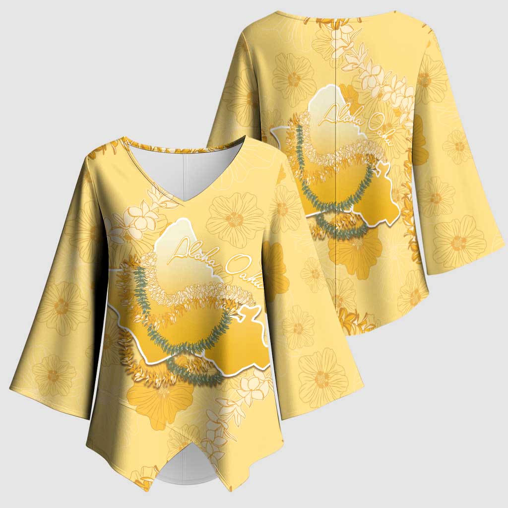 Hawaii Oahu Island Flowers Lei Kimono Sleeve Blouse Yellow Ilima Mix Plumeria