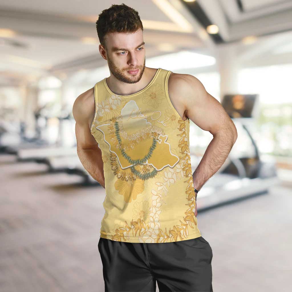 Hawaii Oahu Island Flowers Lei Men Tank Top Yellow Ilima Mix Plumeria