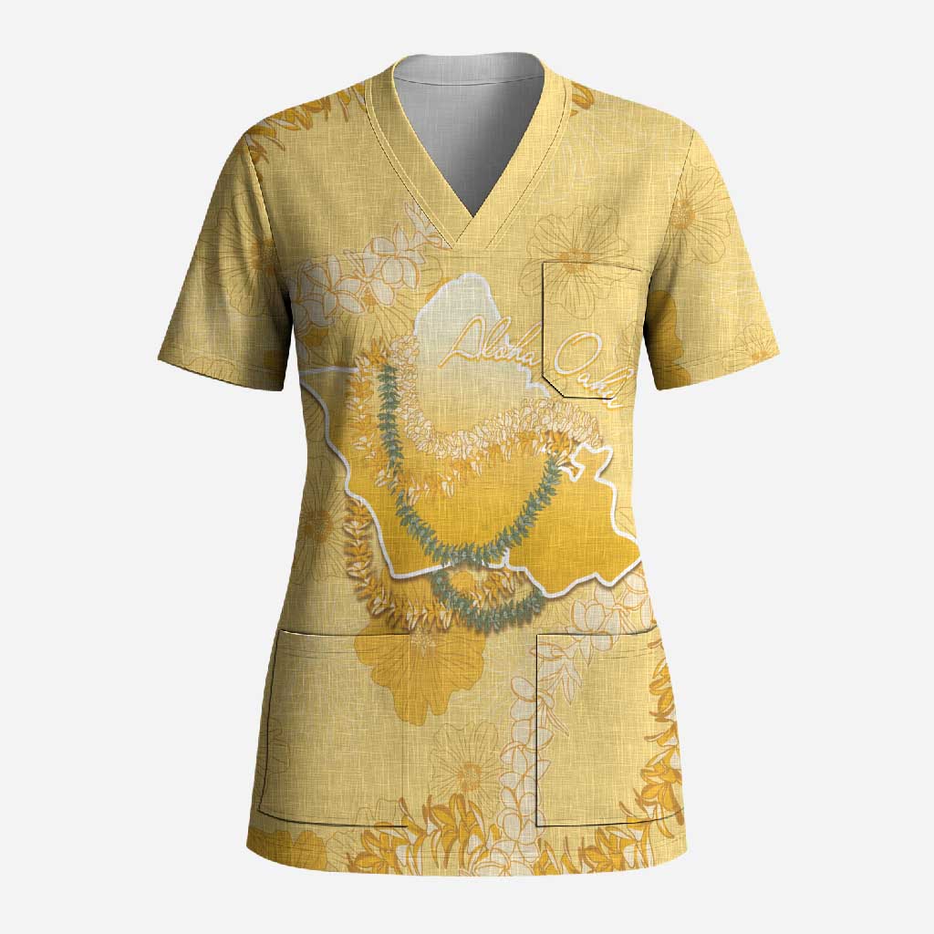 Hawaii Oahu Island Flowers Lei Scrub Top Yellow Ilima Mix Plumeria LT7 Adult Yellow - Polynesian Pride