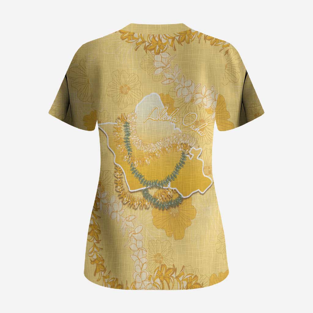 Hawaii Oahu Island Flowers Lei Scrub Top Yellow Ilima Mix Plumeria LT7 - Polynesian Pride