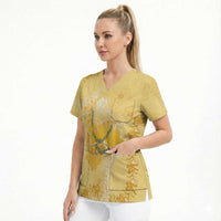 Hawaii Oahu Island Flowers Lei Scrub Top Yellow Ilima Mix Plumeria LT7 - Polynesian Pride