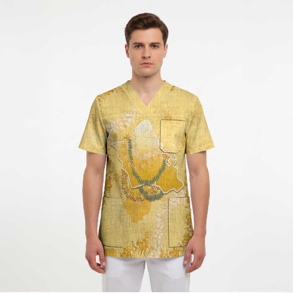 Hawaii Oahu Island Flowers Lei Scrub Top Yellow Ilima Mix Plumeria LT7 - Polynesian Pride