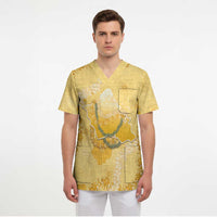 Hawaii Oahu Island Flowers Lei Scrub Top Yellow Ilima Mix Plumeria LT7 - Polynesian Pride