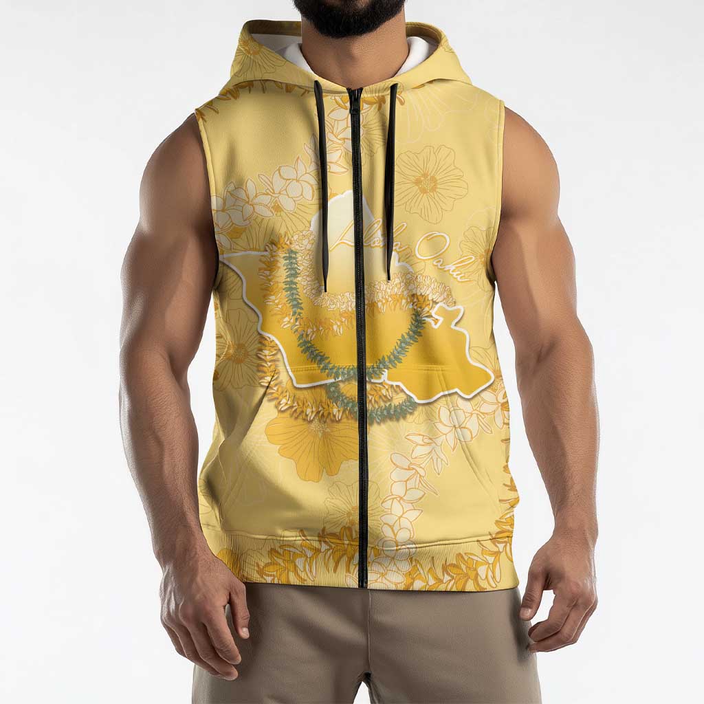 Hawaii Oahu Island Flowers Lei Sleeveless Zip Hoodie Yellow Ilima Mix Plumeria