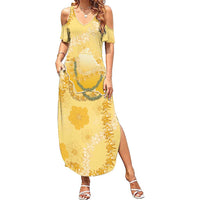 Hawaii Oahu Island Flowers Lei Summer Maxi Dress Yellow Ilima Mix Plumeria