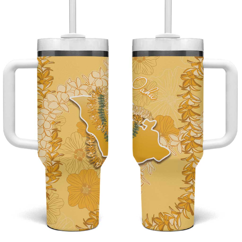 Hawaii Oahu Island Flowers Lei Tumbler With Handle Yellow Ilima Mix Plumeria LT7 One Size: 40 oz Yellow - Polynesian Pride