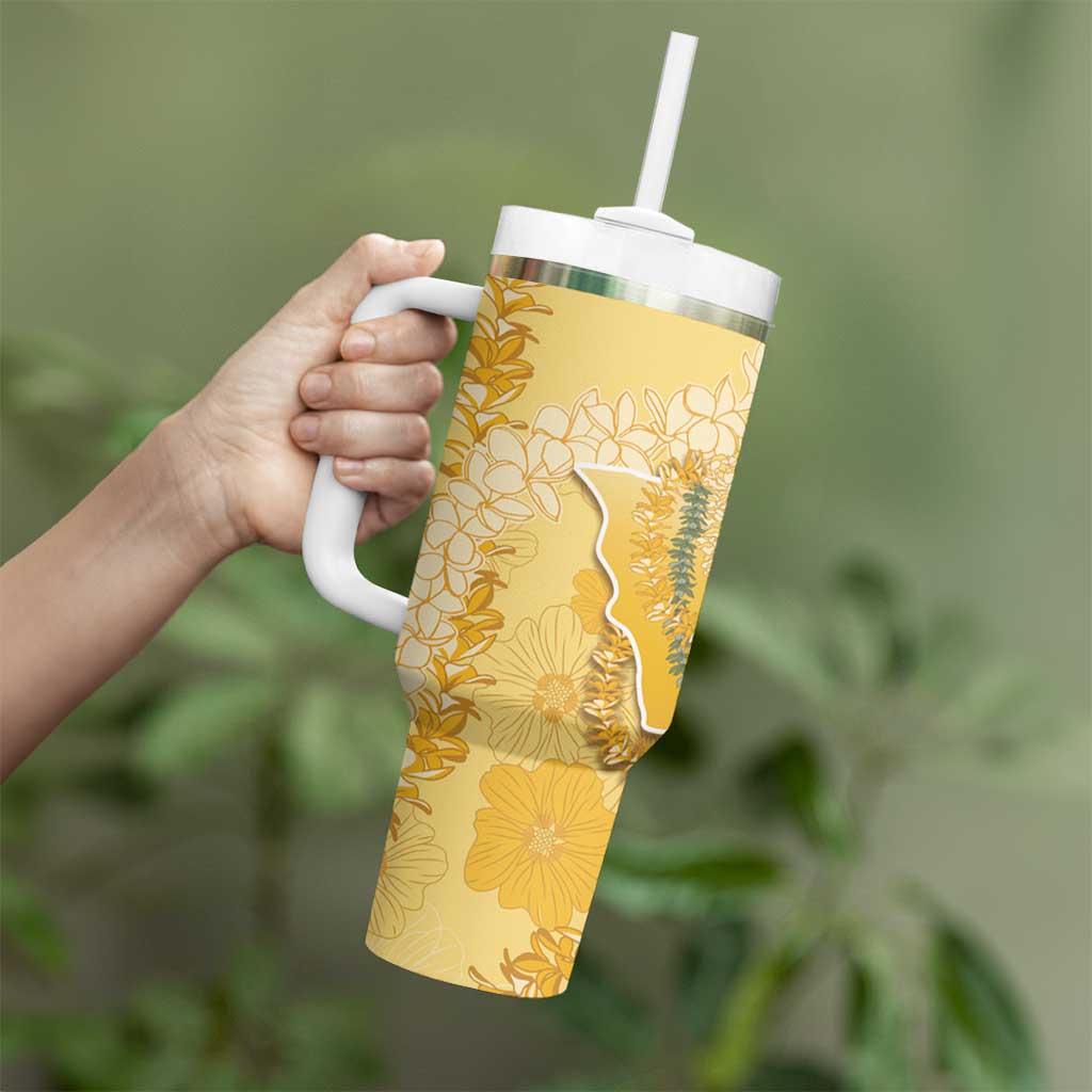 Hawaii Oahu Island Flowers Lei Tumbler With Handle Yellow Ilima Mix Plumeria LT7 - Polynesian Pride