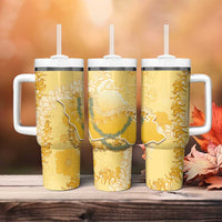 Hawaii Oahu Island Flowers Lei Tumbler With Handle Yellow Ilima Mix Plumeria LT7 - Polynesian Pride