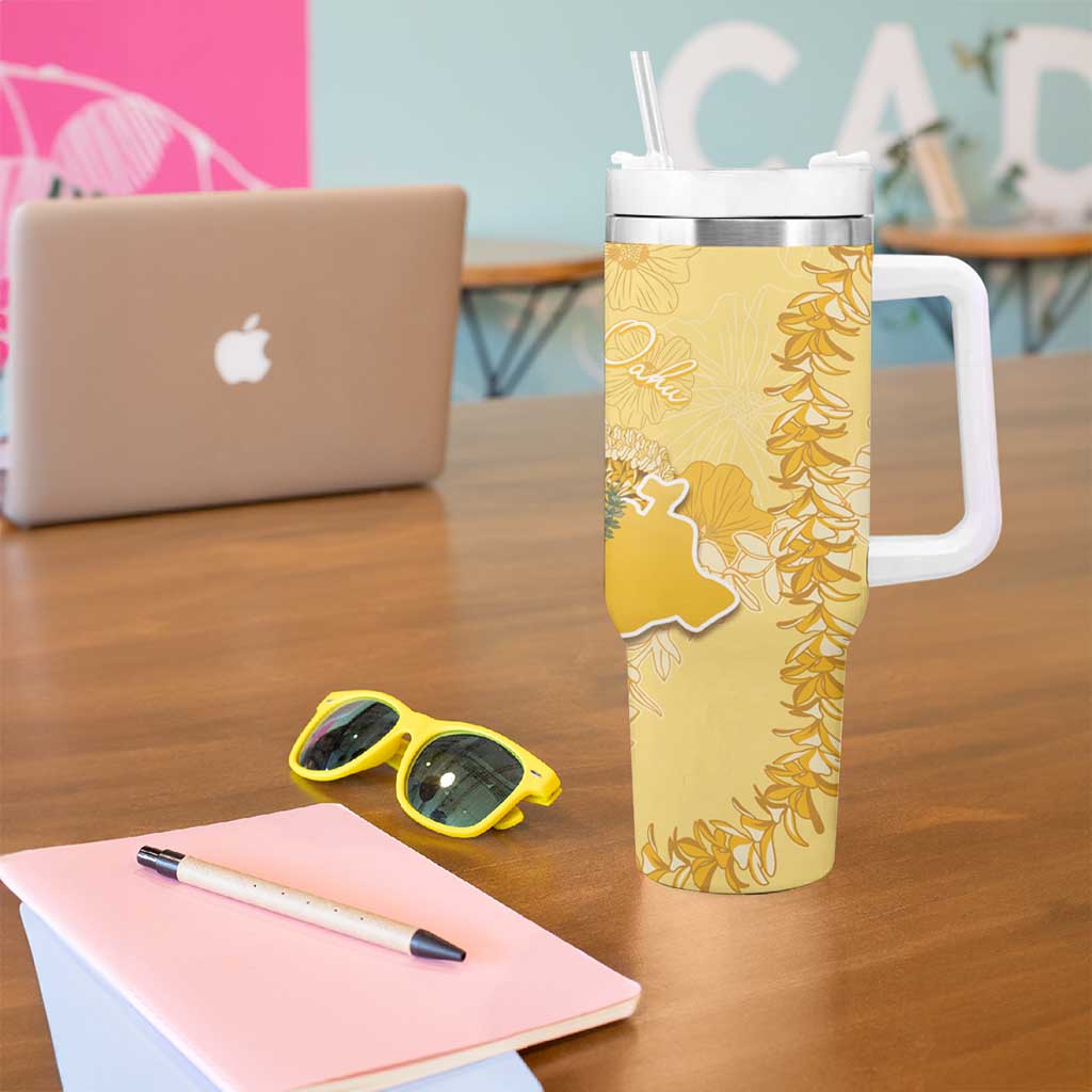 Hawaii Oahu Island Flowers Lei Tumbler With Handle Yellow Ilima Mix Plumeria LT7 - Polynesian Pride