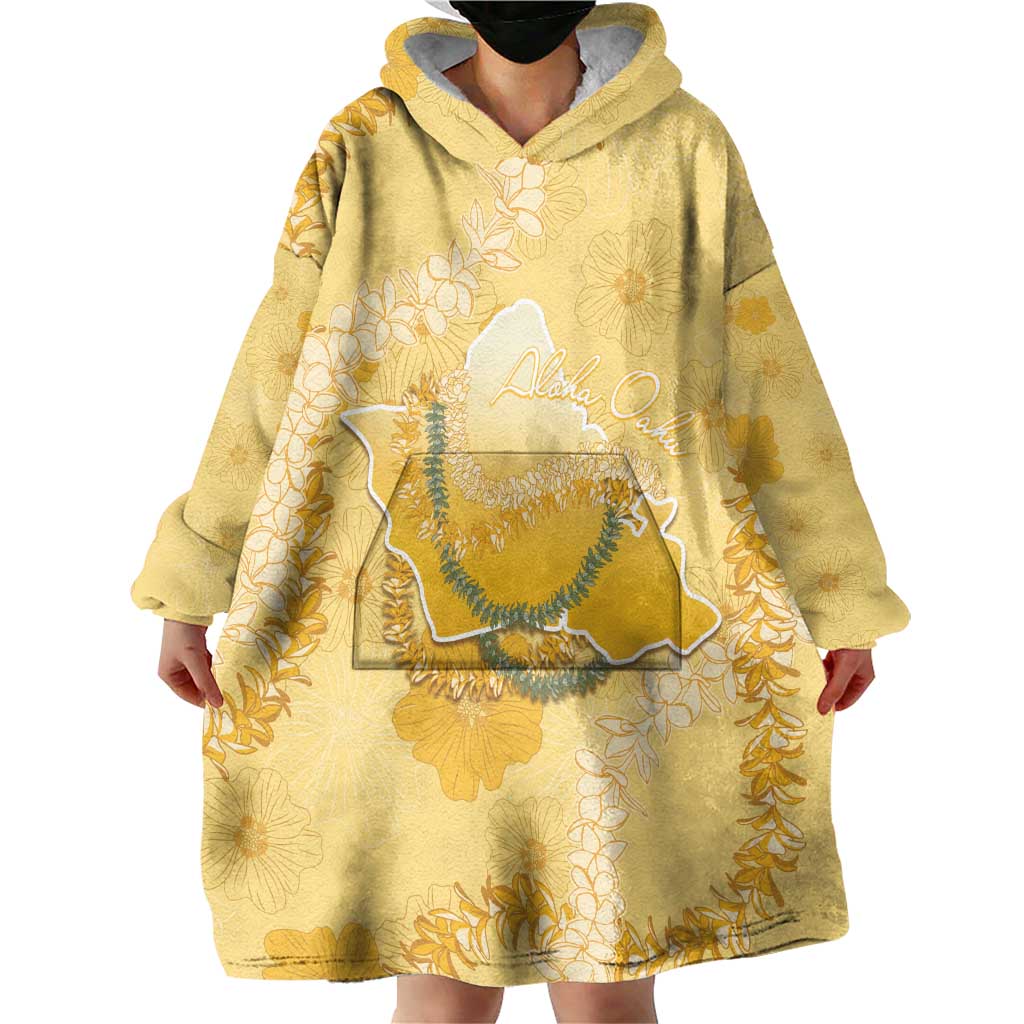 Hawaii Oahu Island Flowers Lei Wearable Blanket Hoodie Yellow Ilima Mix Plumeria