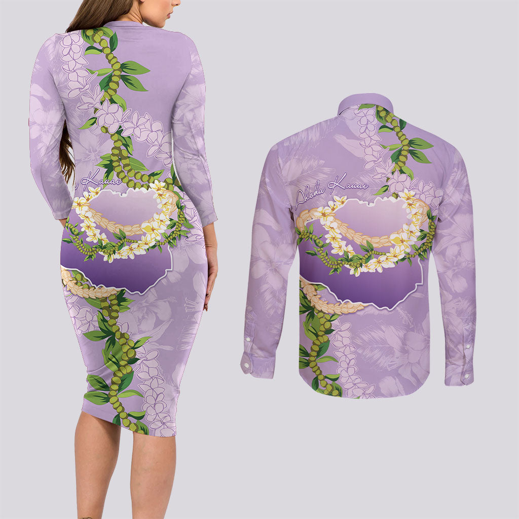 Hawaii Kauai Island Flowers Lei Couples Matching Long Sleeve Bodycon Dress and Long Sleeve Button Shirt Mokihana Lei