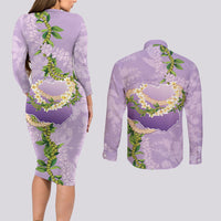 Hawaii Kauai Island Flowers Lei Couples Matching Long Sleeve Bodycon Dress and Long Sleeve Button Shirt Mokihana Lei