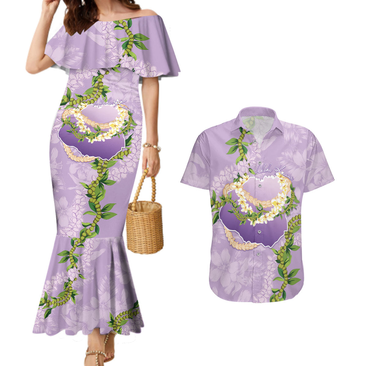 Hawaii Kauai Island Flowers Lei Couples Matching Mermaid Dress and Hawaiian Shirt Mokihana Lei