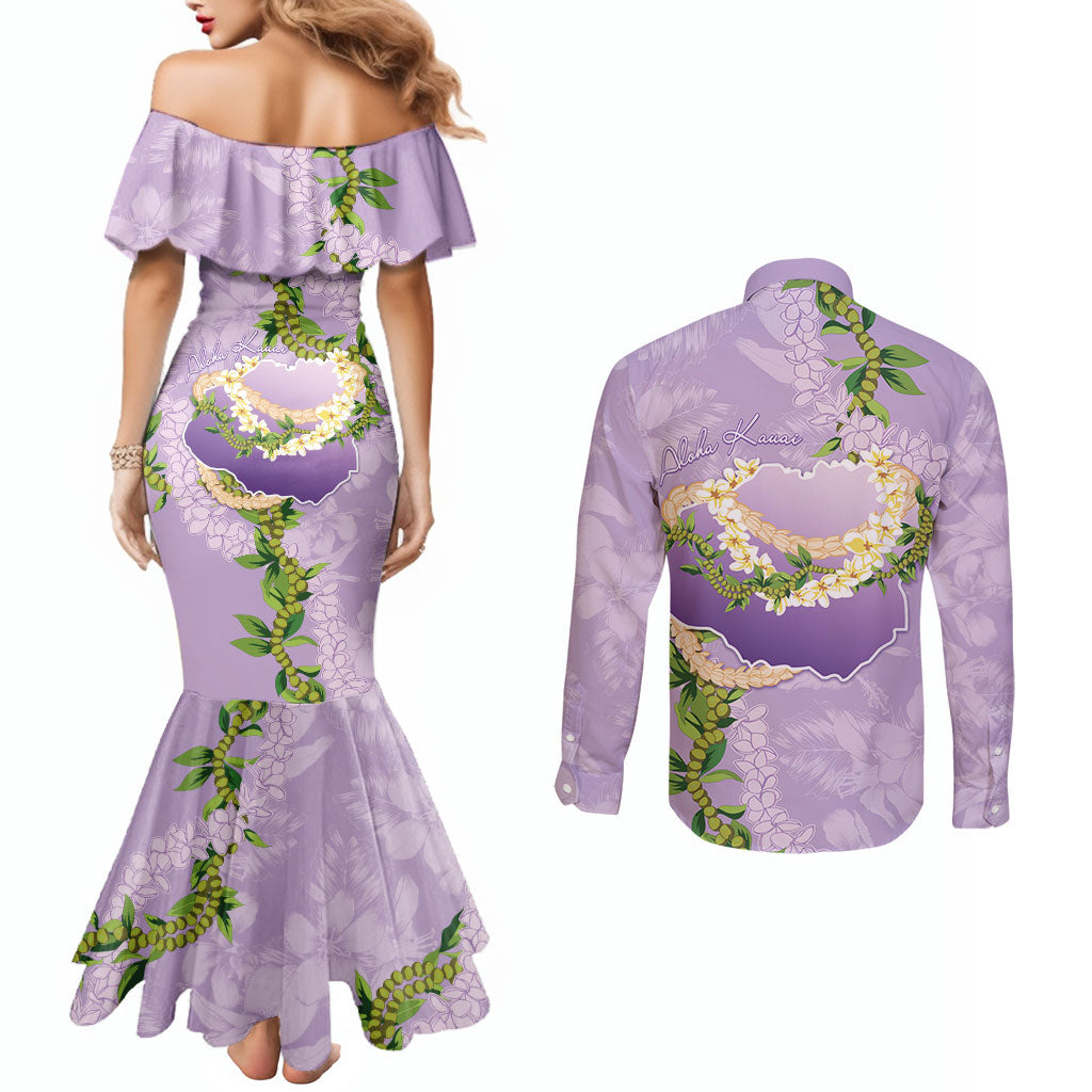 Hawaii Kauai Island Flowers Lei Couples Matching Mermaid Dress and Long Sleeve Button Shirt Mokihana Lei
