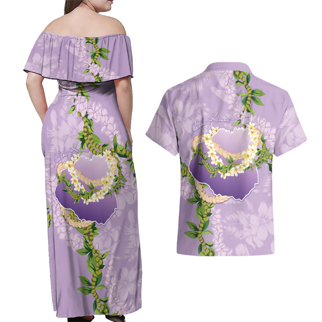 Hawaii Kauai Island Flowers Lei Couples Matching Off Shoulder Maxi Dress and Hawaiian Shirt Mokihana Lei