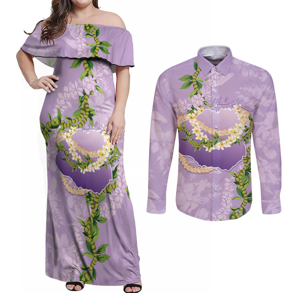 Hawaii Kauai Island Flowers Lei Couples Matching Off Shoulder Maxi Dress and Long Sleeve Button Shirt Mokihana Lei