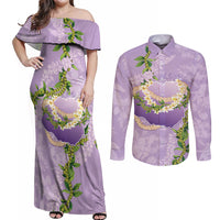 Hawaii Kauai Island Flowers Lei Couples Matching Off Shoulder Maxi Dress and Long Sleeve Button Shirt Mokihana Lei