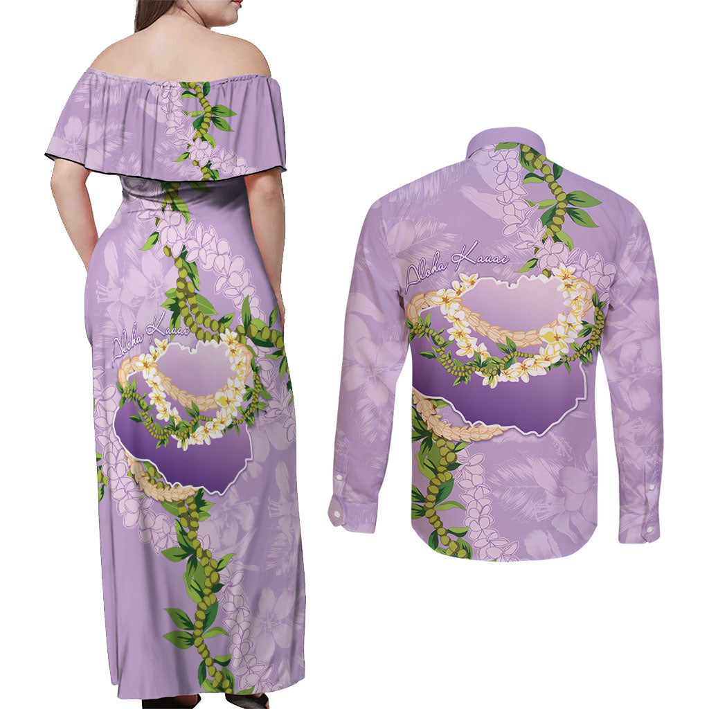 Hawaii Kauai Island Flowers Lei Couples Matching Off Shoulder Maxi Dress and Long Sleeve Button Shirt Mokihana Lei