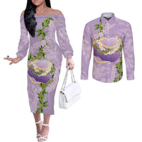 Hawaii Kauai Island Flowers Lei Couples Matching Off The Shoulder Long Sleeve Dress and Long Sleeve Button Shirt Mokihana Lei
