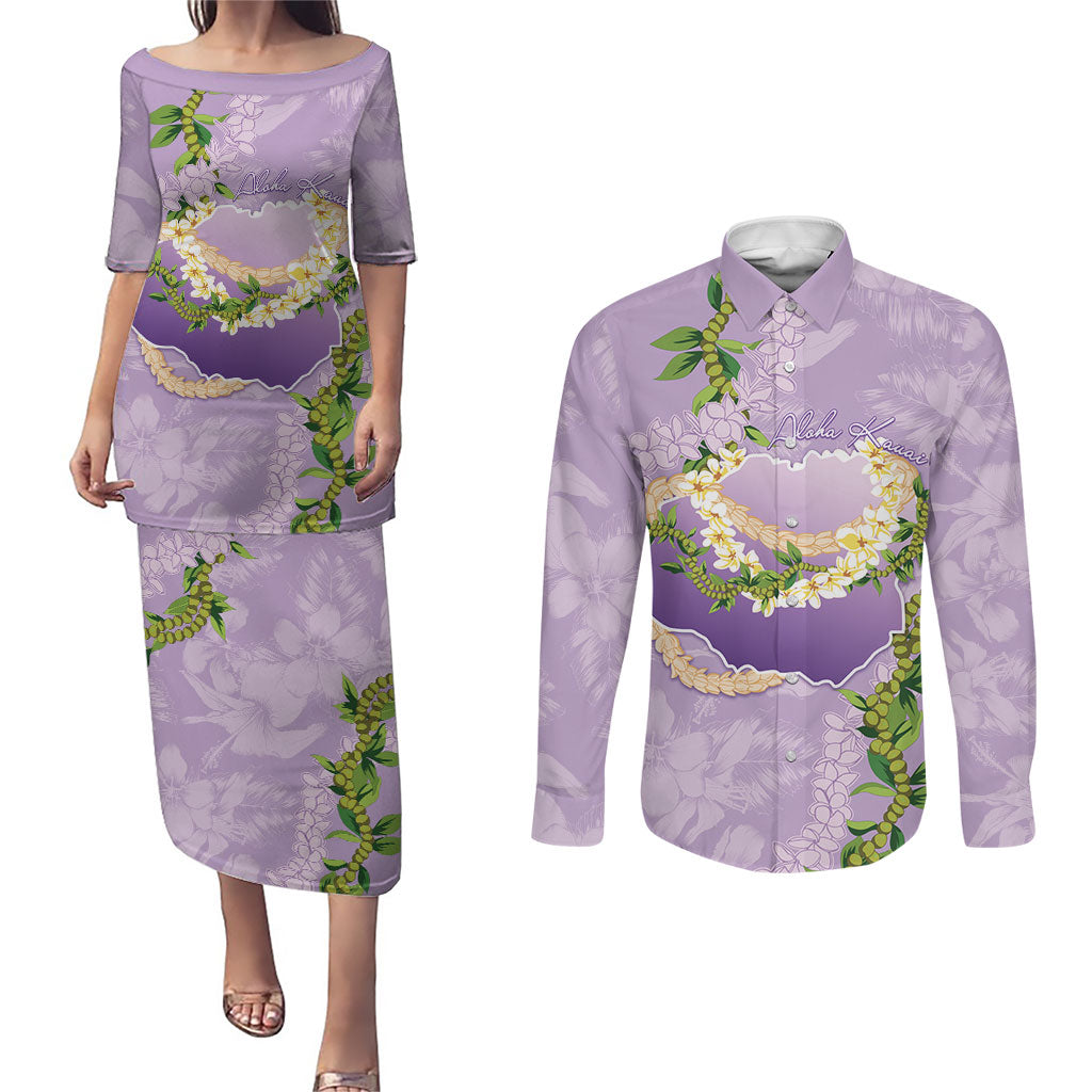 Hawaii Kauai Island Flowers Lei Couples Matching Puletasi and Long Sleeve Button Shirt Mokihana Lei