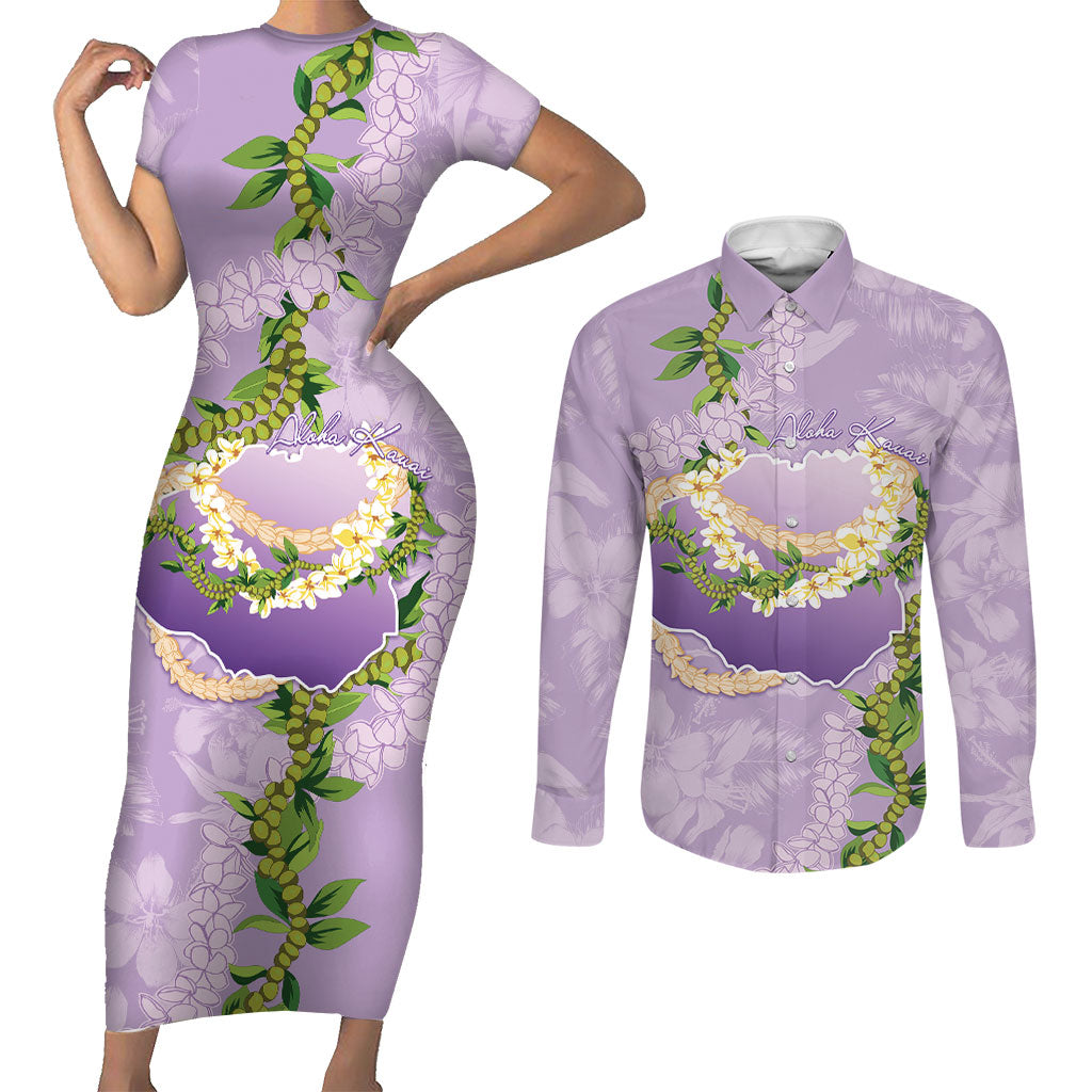 Hawaii Kauai Island Flowers Lei Couples Matching Short Sleeve Bodycon Dress and Long Sleeve Button Shirt Mokihana Lei