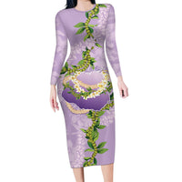 Hawaii Kauai Island Flowers Lei Family Matching Long Sleeve Bodycon Dress and Hawaiian Shirt Mokihana Lei