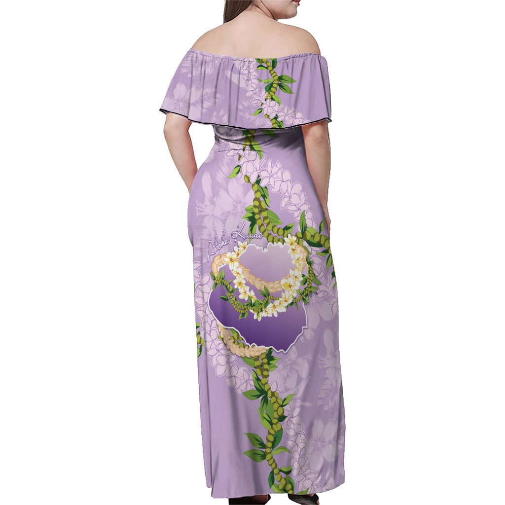 Hawaii Kauai Island Flowers Lei Family Matching Off Shoulder Maxi Dress and Hawaiian Shirt Mokihana Lei