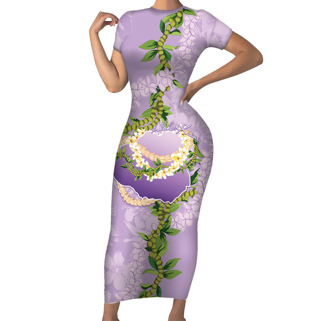 Hawaii Kauai Island Flowers Lei Family Matching Short Sleeve Bodycon Dress and Hawaiian Shirt Mokihana Lei LT7 Mom's Dress Lavender - Polynesian Pride