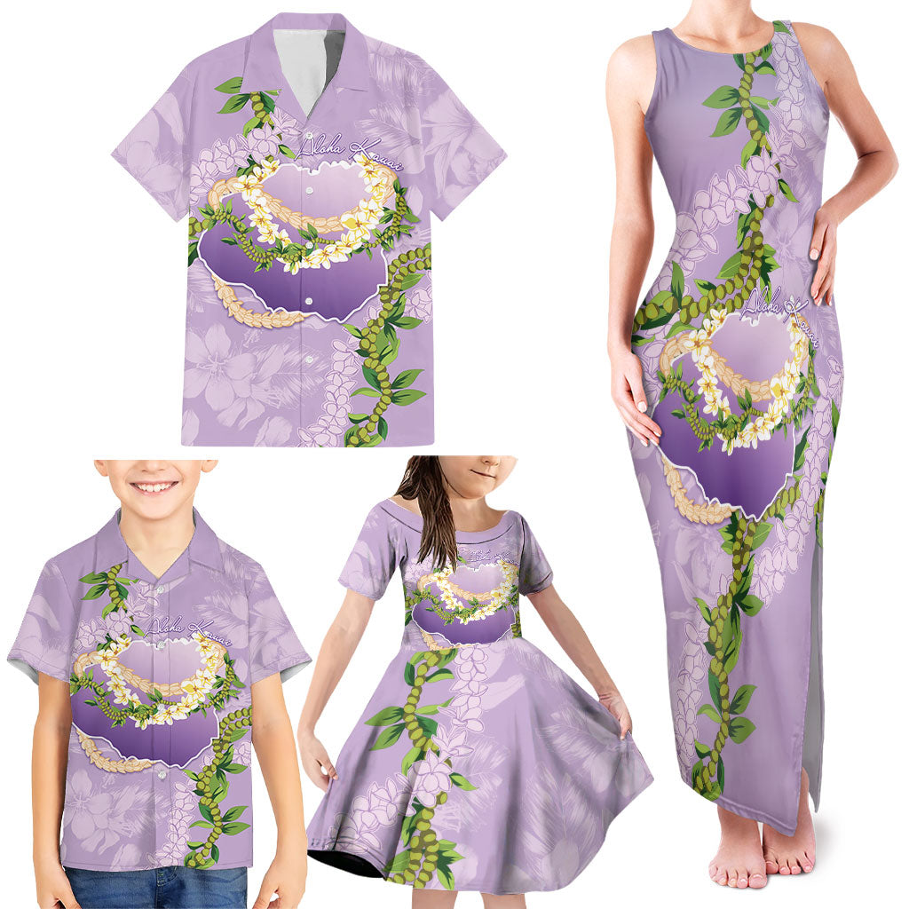 Hawaii Kauai Island Flowers Lei Family Matching Tank Maxi Dress and Hawaiian Shirt Mokihana Lei
