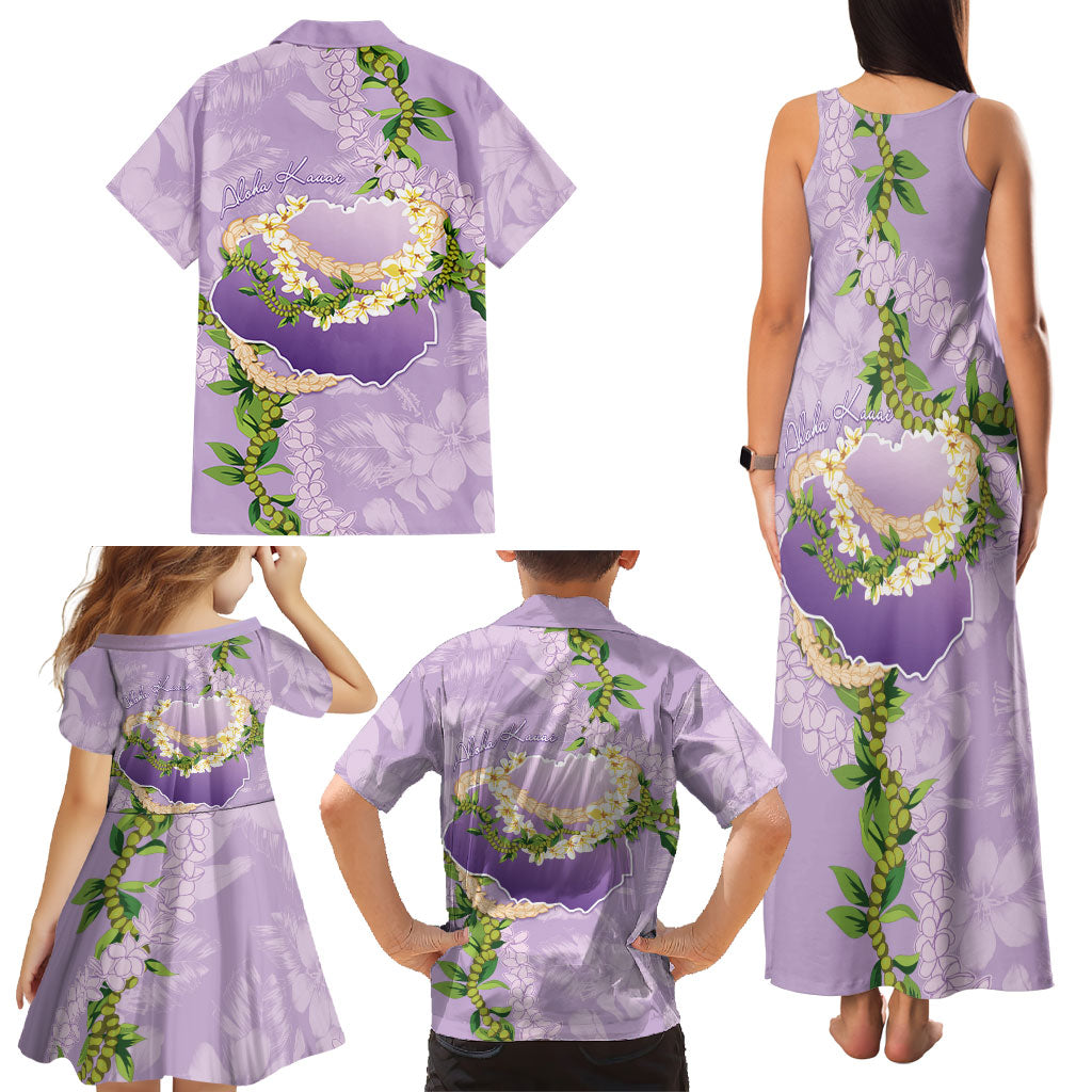Hawaii Kauai Island Flowers Lei Family Matching Tank Maxi Dress and Hawaiian Shirt Mokihana Lei