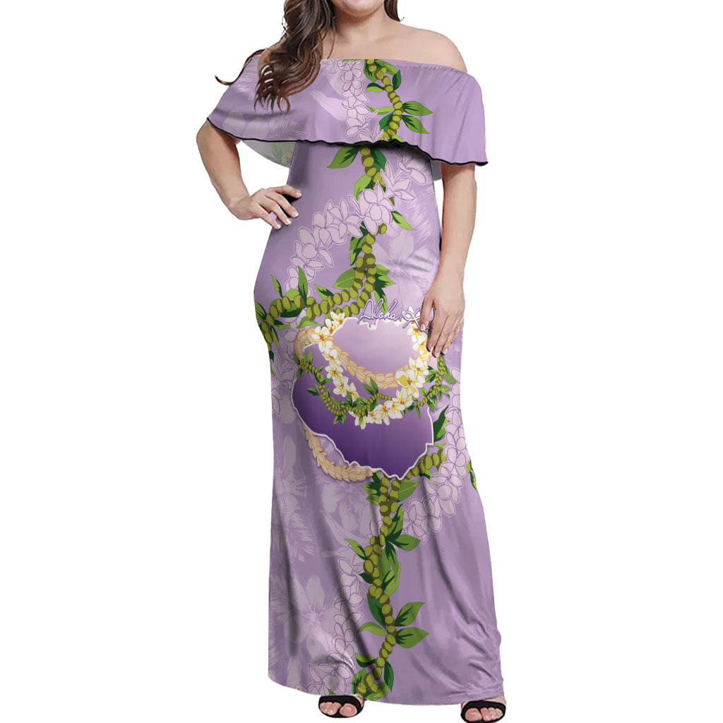 Hawaii Kauai Island Flowers Lei Off Shoulder Maxi Dress Mokihana Lei LT7 Women Lavender - Polynesian Pride