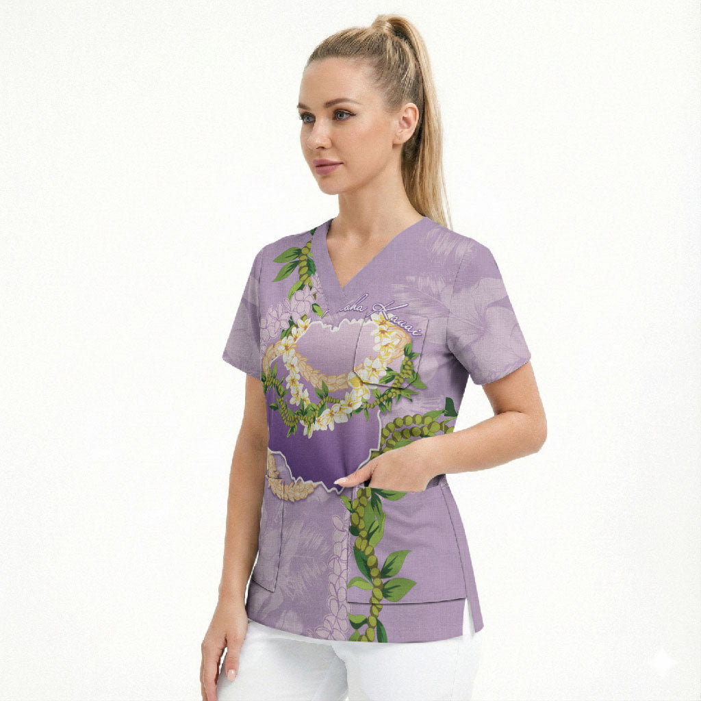 Hawaii Kauai Island Flowers Lei Scrub Top Mokihana Lei LT7 - Polynesian Pride