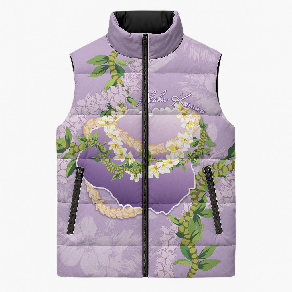 Hawaii Kauai Island Flowers Lei Sleeveless Puffer Jacket Mokihana Lei